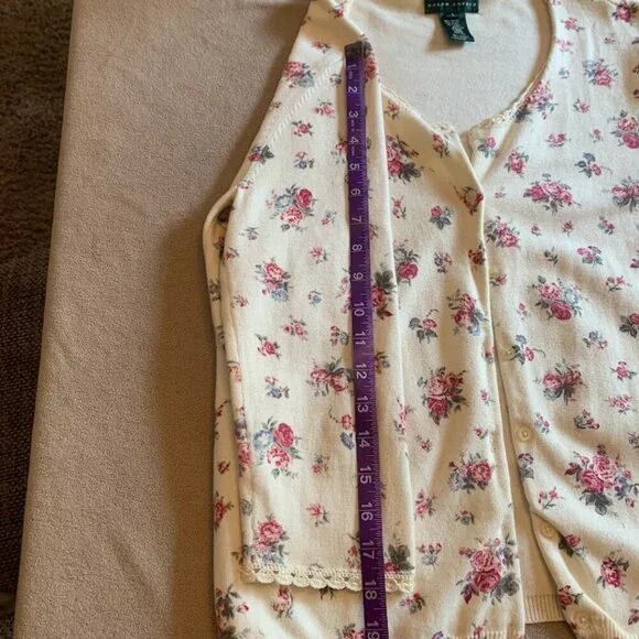 Lauren Ralph Lauren floral cardigan twin set with lace trim - 3/4 sleeve, Size L - Picture 6 of 8